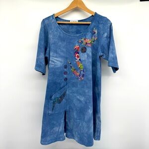 Nu Views Womens Tunic Top Size M Blue Stone Wash Art To Wear Short Sleeve Cotton